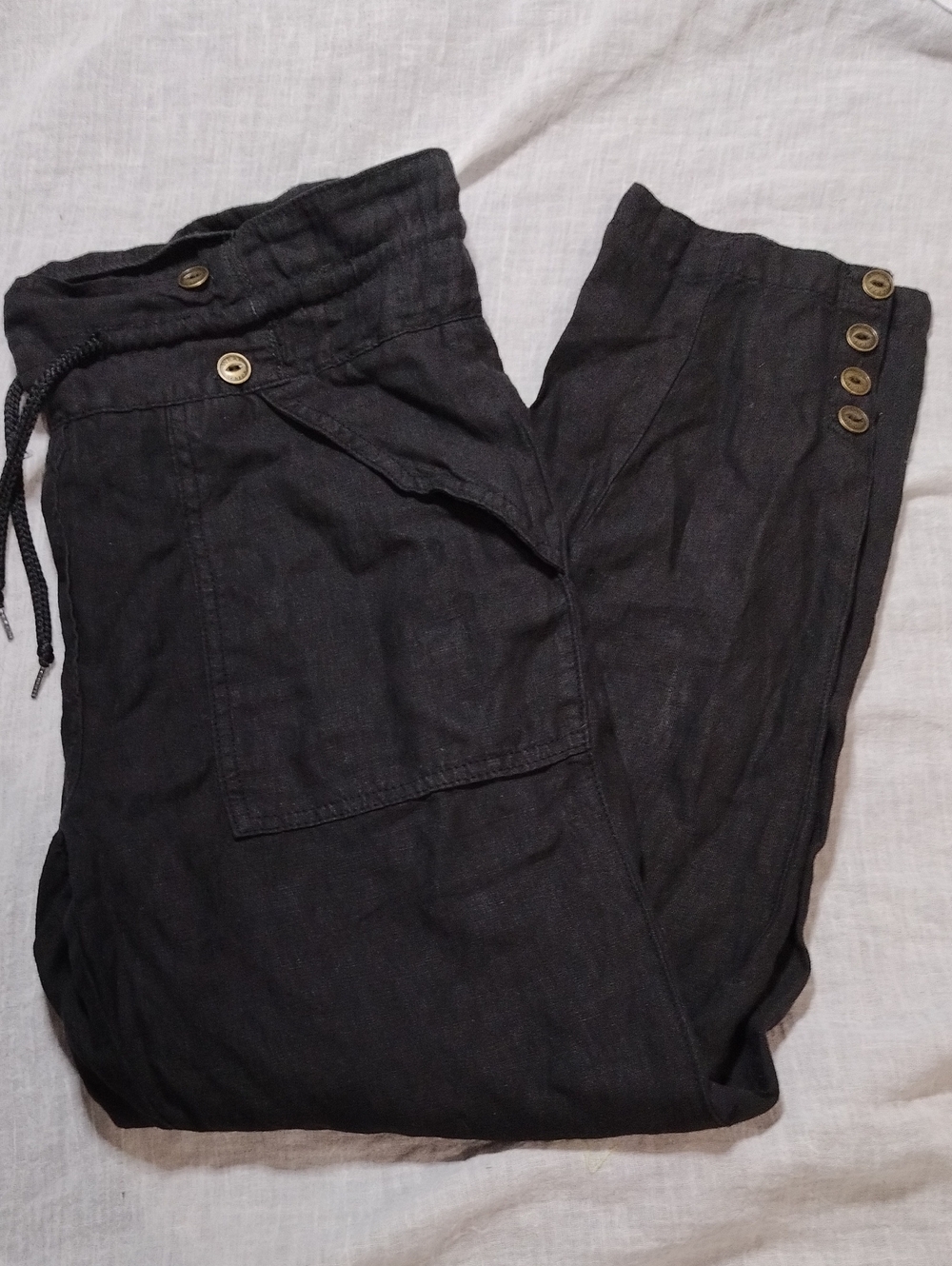 Wrap London Black Cropped Drawstring Button-Cuff 100% Linen Pants Size 2